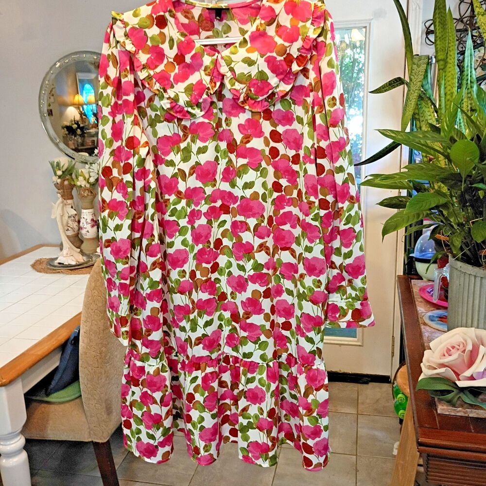 Who What Wear XL Floral Print Ruffled Collar shift Dress Long Sleeve Knee Length